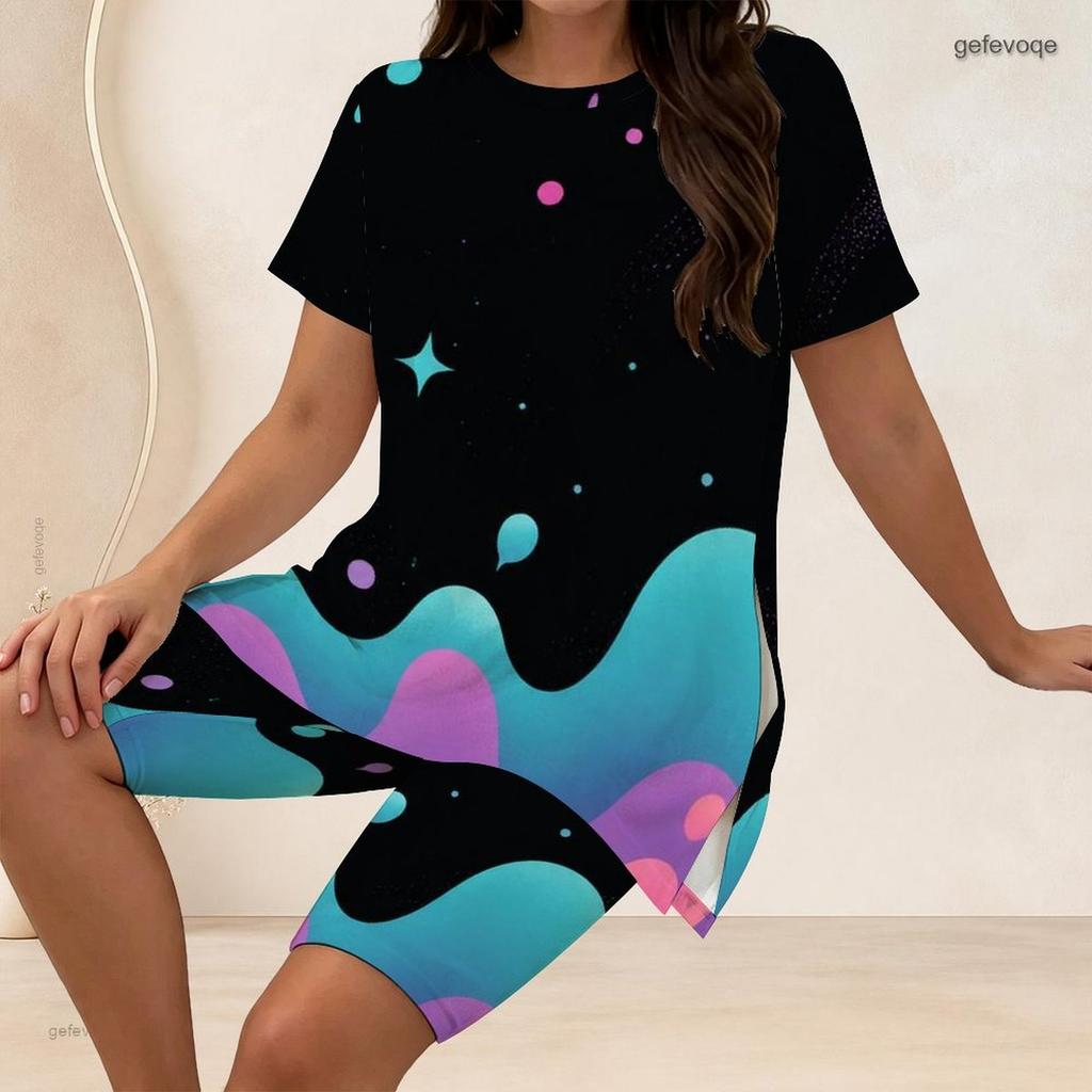 Women Plus Size 2 Piece Set Crew Neck Short Sleeve Side Slit Top Biker Shorts Red Blue Gold Star Paint Print Outfit
