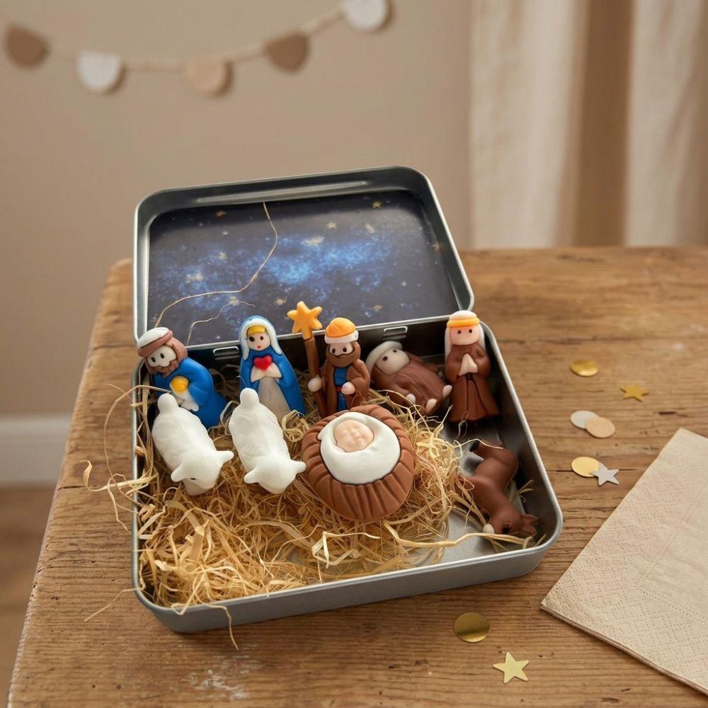 Metal Tin Box Mini Christmas Trough Set Hand Painted Xmas Manger Ornaments Indoor Display