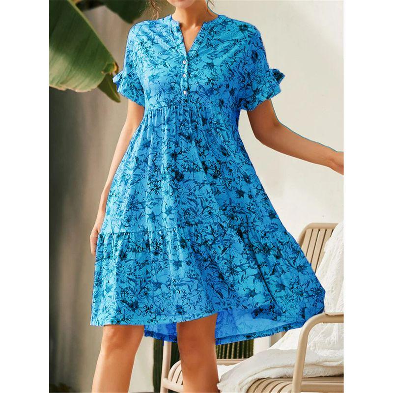 

and American Cross-Border Export Fashion Women s Short Sleeve V-neck Button Print Full Body Dress Casual Loose Plus size Fat M Half-Sleeved Dress Blue XL