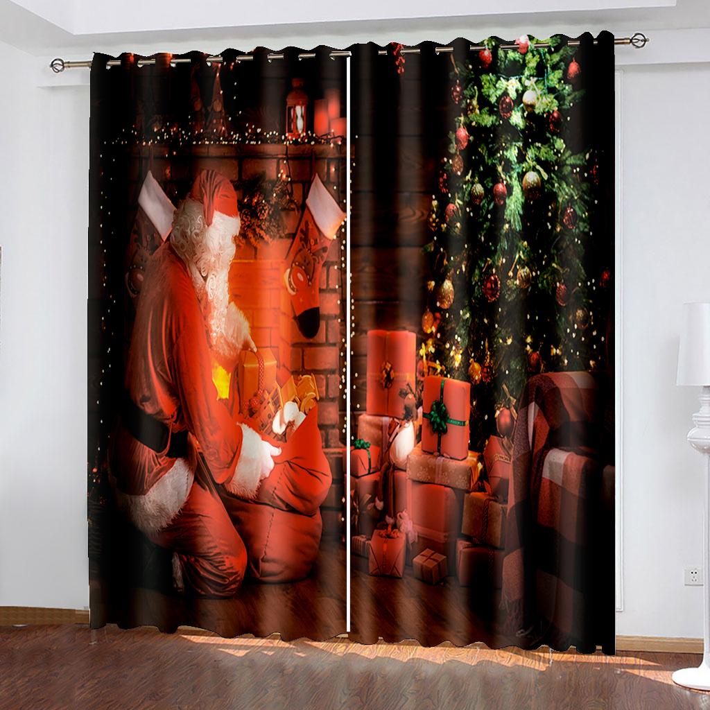 Christmas Decoration Curtain 3D Cartoon Santa Claus Christmas Tree Polyester Cloth Curtain Snowman Pattern Festive Atmosphere