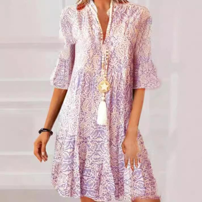 Summer new women's clothing V-neck loose five-quarter sleeve printed dress women