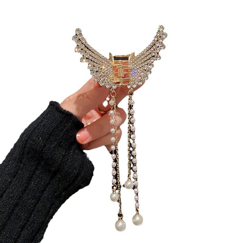 Chinese Butterfly Pearl Tassel Hair Clip with Rhinestones