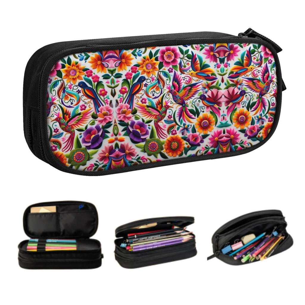 Custom Mexican Otomi Art Birds Flowers Pencil Case for Girls Boys Big Capacity Pen Bag Box Stationery