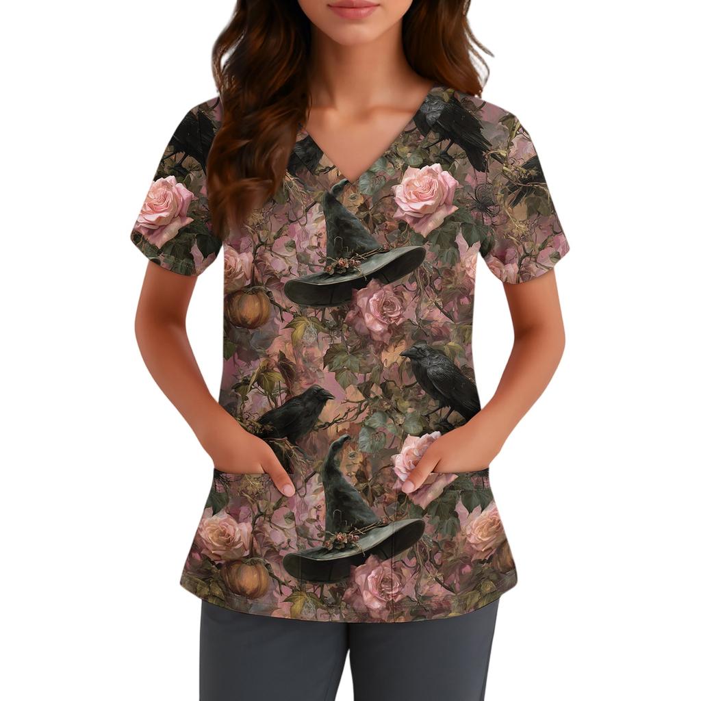 Women V Neck Short Sleeve Work Shirt with Pocket Halloween Printed Top for Nurse Healthcare Uniform Scrub Top