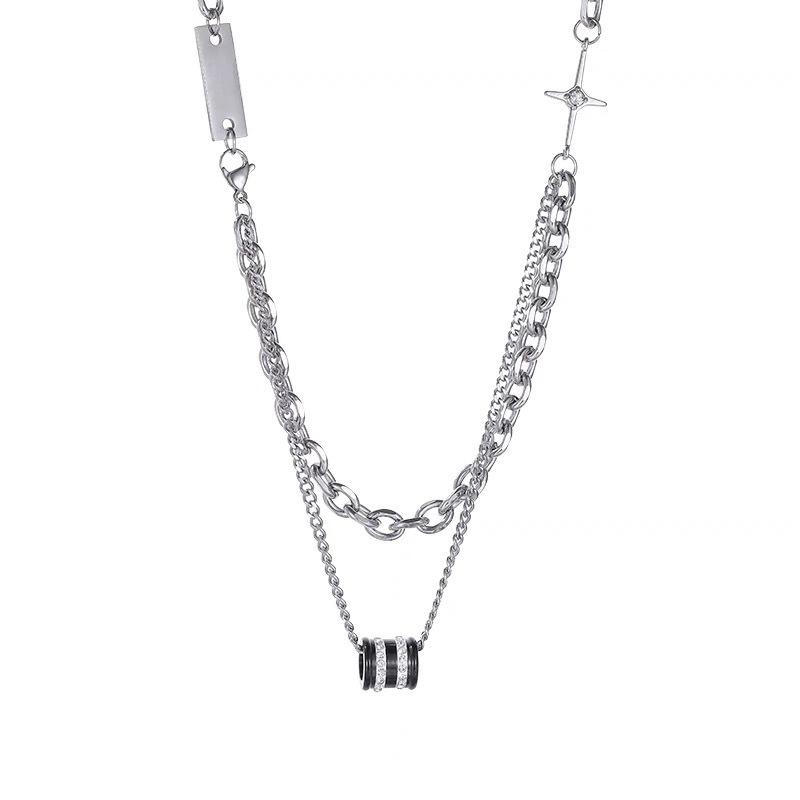 New Double Layer Stacked Diamond-Studded Lucky Bead Titanium Steel Necklace for Men Hip-Hop Trendy Cool High-End Clavicle Chain Versatile Accessory