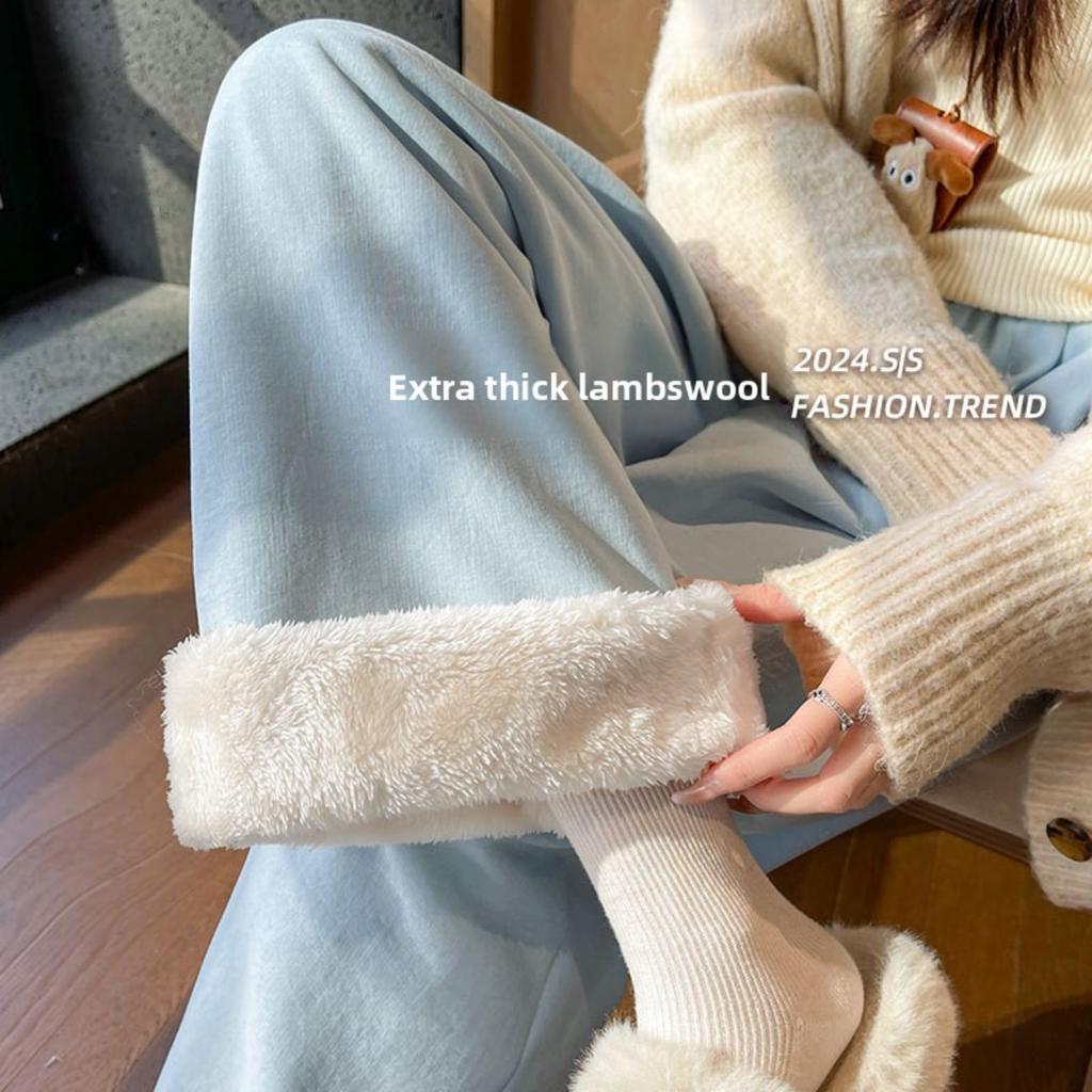Women's Autumn and Winter Thick Lamb Wool Pants with Loose Drape and Wide Leg Pants Made of Wool