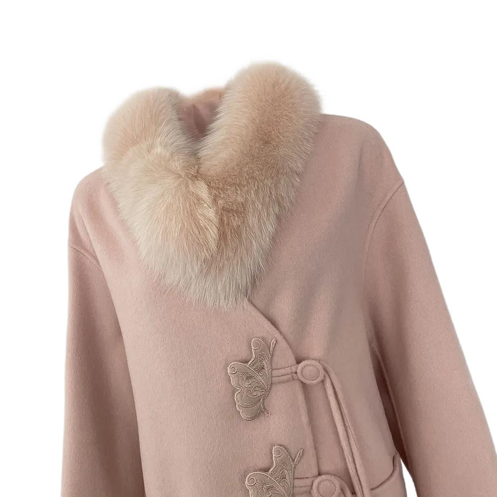 OFTBUY Autumn Winter Jacket Natural Real Big Fox Fur Collar Long Thick Warm Wool Blends Coat Women Outerwear Embroidery Chinese