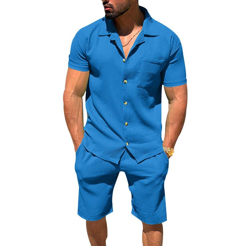 

Men s Casual Short Sleeve Shirt and Shorts Set, Green, with Gold Buttons and Chest Pocket S синий