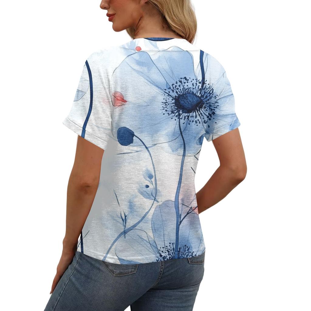 Women's Fashion Short-sleeved V-neck Flower Top Casual Button T-shirt Top