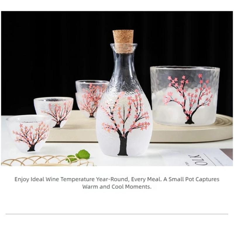 Elegant Japanese Flower Glass Sake Bottle Set Includes 1 Carafe And 4 Matching Cups with 1 Tank For Traditional Drinking