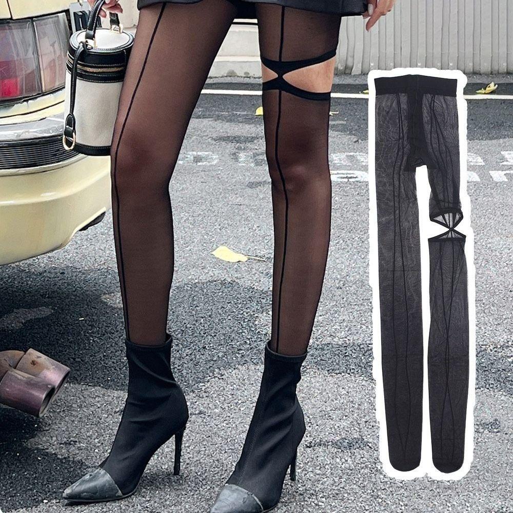 Fashion Personality High Pantyhose Hollow Out Asymmetry Female Stockings Leggings Perspective Vertical Line Tights Girl