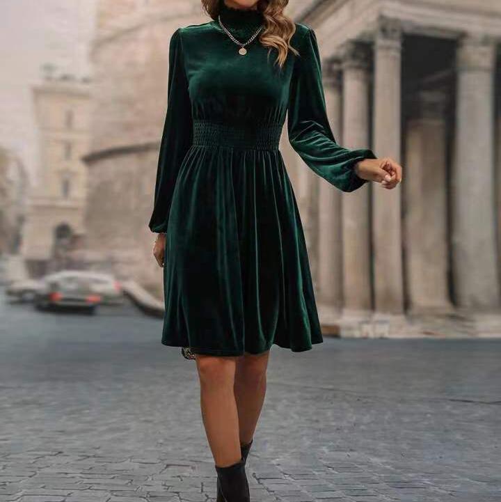 Frühling und Herbst Mode Temperament Kragen Volltonfarbe Samt Langarm Kleider