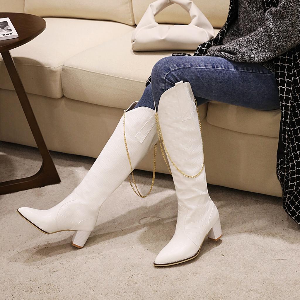 Women's high-heeled boots sexy European and American style crocodile pattern thick heel pointed large size medium boots