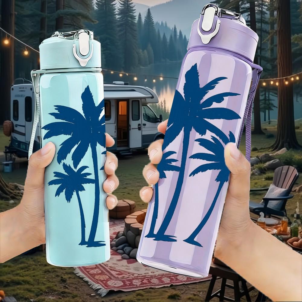 1PC Twin Palm Tree Minimal Line Art 750ml Color Plastic Sports Water Bottle Leakproof Flip Straw Lid Suitable for Sports Office Home Use