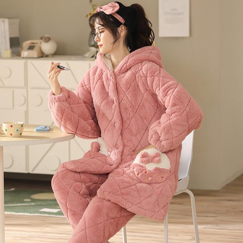 Coral Velvet Quilted Pajamas Women's Winter Three Layer Thick and Fleece Home Wear Women's Winter Flannel Thermal Set