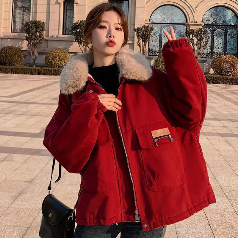 

WTEMPO Повседневные свободные плюшевые толстые пальто женские короткие зимние ветрозащитные свободные парки большие размеры теплые хлопковые куртки M красный