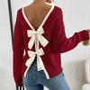 Damen Rundhals Langarm Strickpullover Lockerer Schnitt Lässiger Pullover mit Schleife am Rücken