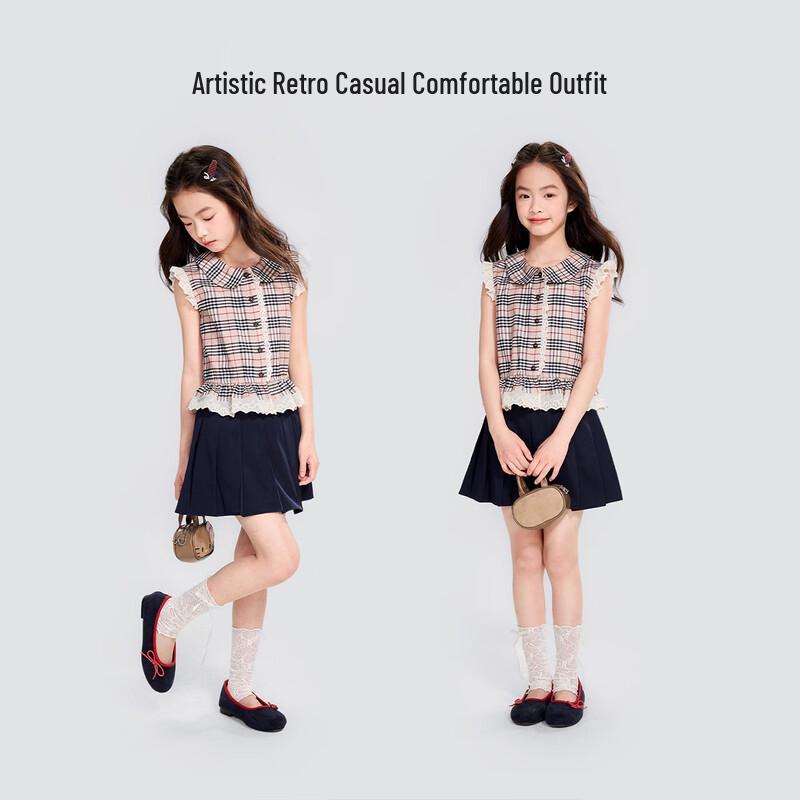 Princess YUAN YUAN Girls' French Plaid Lace Sleeveless Shirt