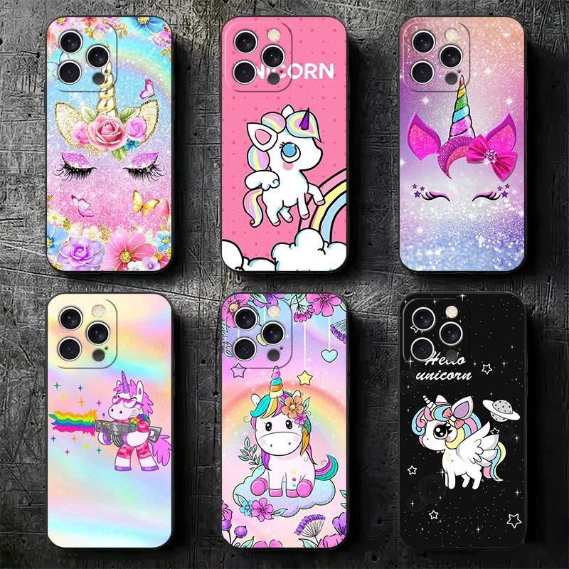 Pink Unicorn Rainbow Soft Phone Case for iPhone 16 16E 17 Air 15 Pro Max 14 Plus 13 Mini 11 12 7 Black Cover Back Shell