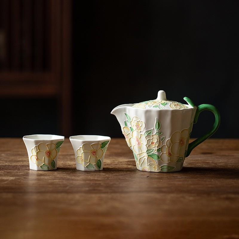 Hand-Painted Ceramic Tea Set 1-2 People Modern Minimalist Design With Floral Motif Gift Boxed Porcelain Teapot Two Cups