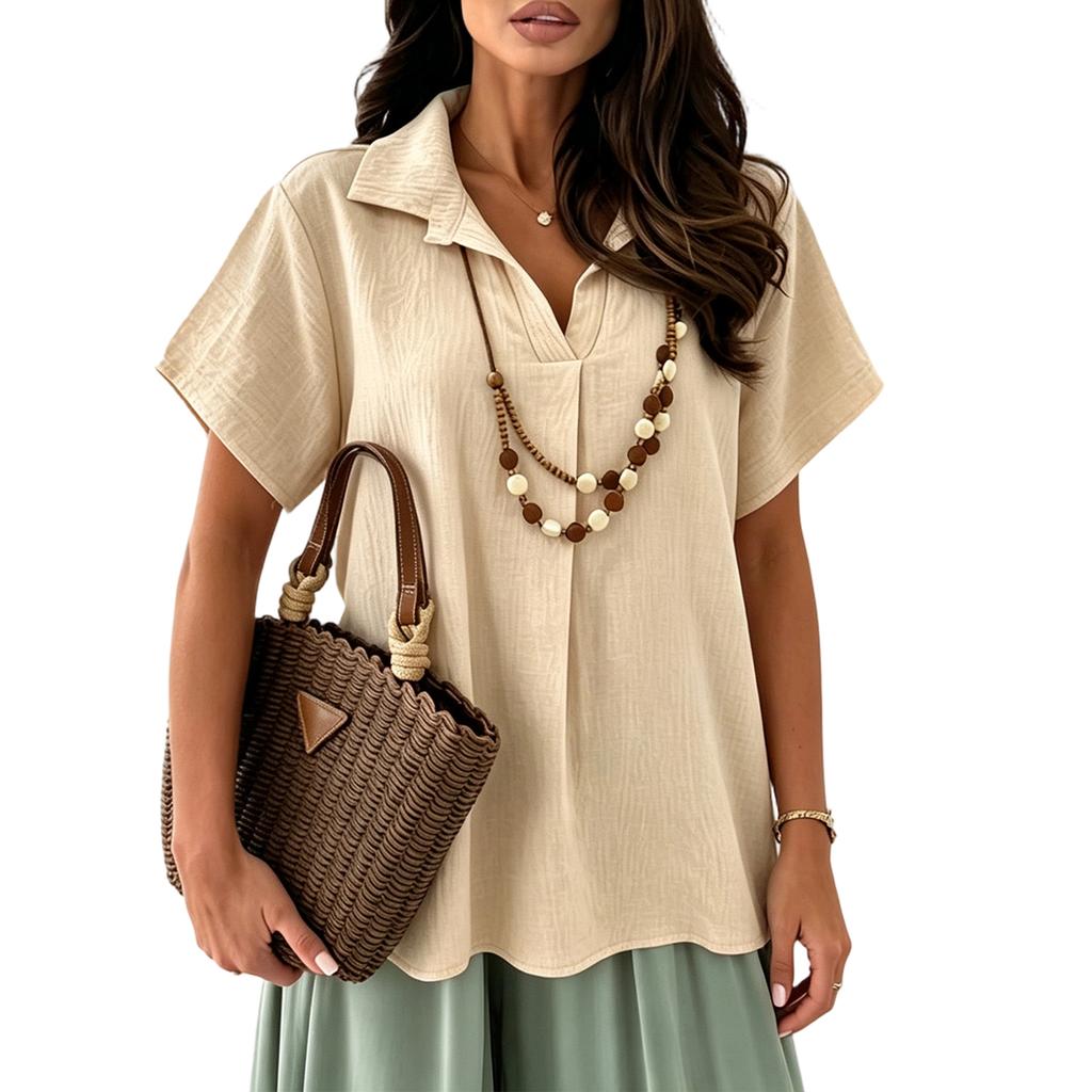 Women's Short Sleeve Shirt Loose Fit V Neck Collared Blouse Casual Wrinkled Texture Summer Top
