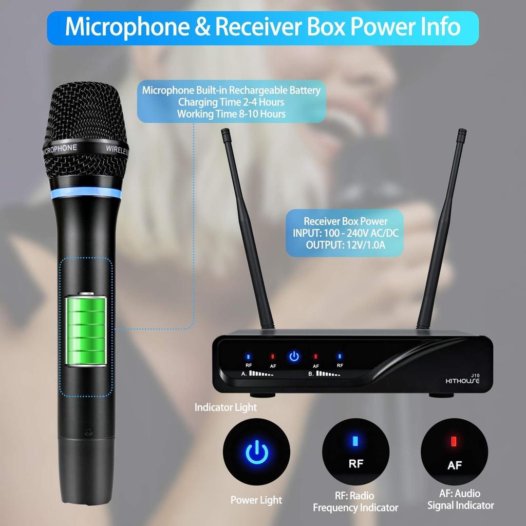 Kithouse UHF Wireless Microphone Metal Cordless Dual Microphone Set with Receiver Box and Volume for New and Church Stages System, Control, Karaoke,