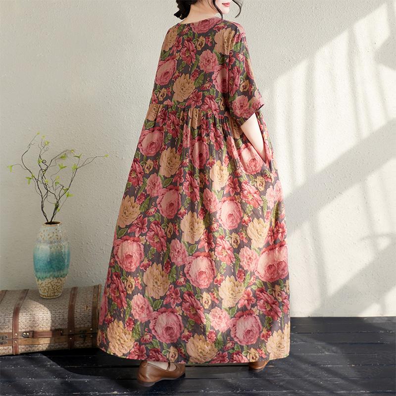 Kurzarm-Übergröße, Vintage-Kleid mit Blumenmuster, neu in Kleidern für Damen, lässig, locker, Maxi, lang, Sommerkleid
