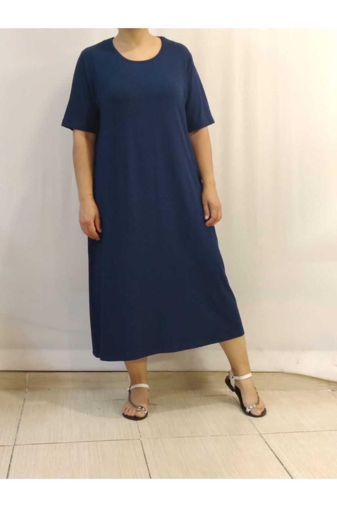 Dámské šaty velké velikosti, tmavě modré, česané bavlněné viskózové šaty s krátkým rukávem