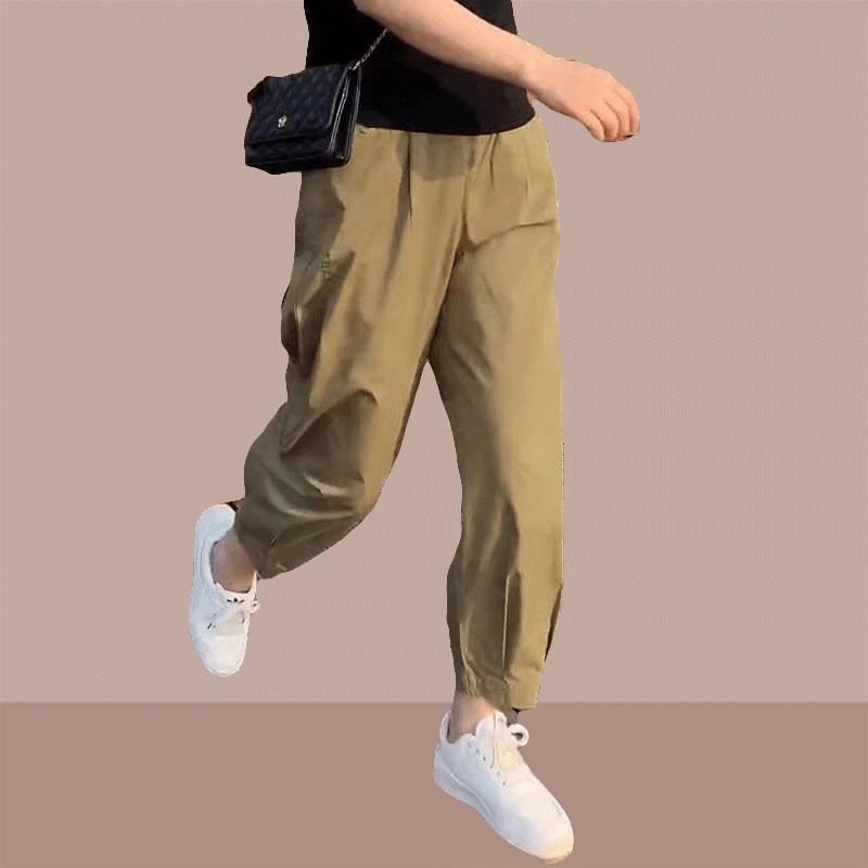Womens High-Waisted Loose Fit Cargo Pants 9/10 Length Cotton Blend Casual Trousers Office Daily Wear