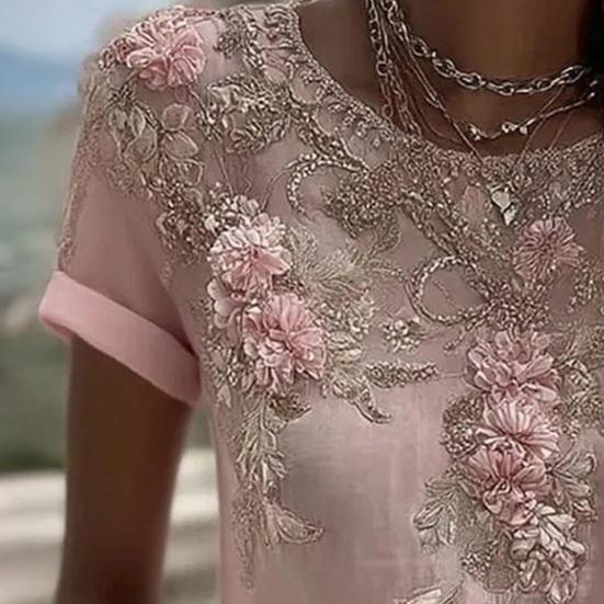 Women Tops Round Neck Short Sleeve Pullover Tops Loose Fit Faux Pearls 3D Floral