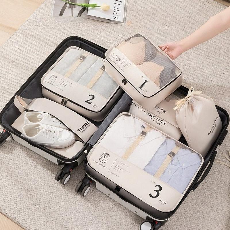 7pc Travel Organizer Set, Polyester Packing Cubes With Clothing, Underwear & Cosmetic Bags, Efficient Luggage Sorting Pouches, V