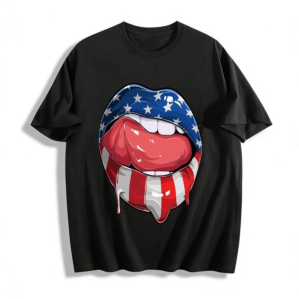 American Flag Tongue Print Trendy Casual Top Pure cotton T-shirt XXS