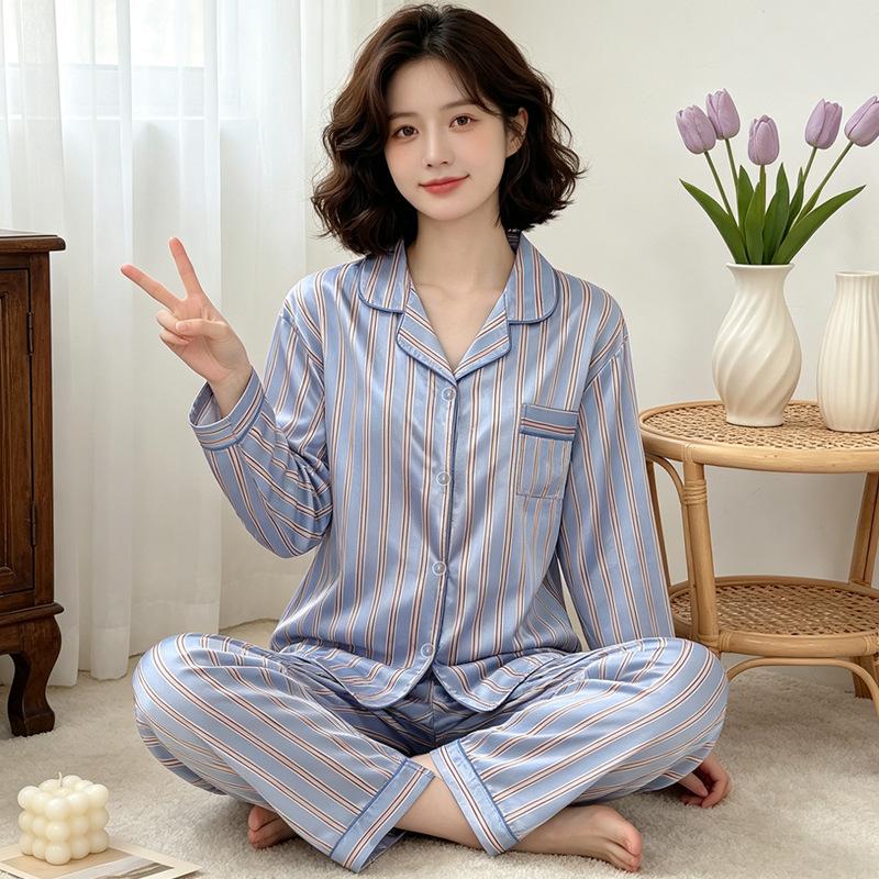 Sweet and high-value butterfly print ice silk pajamas women's ins loungewear long-sleeved trousers two-piece set