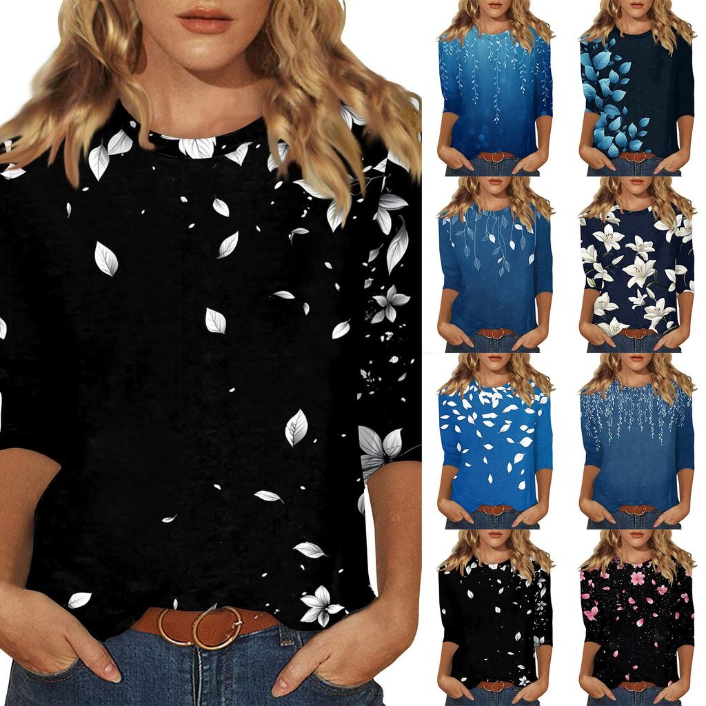 Dame O-hals 3/4-ermet trykktopp