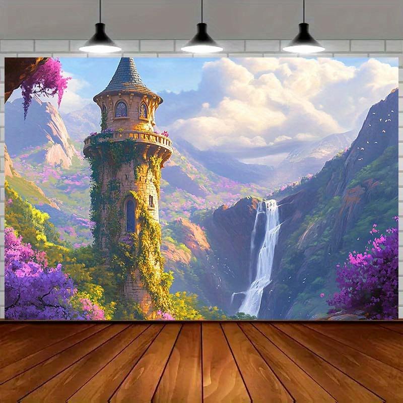 One peculiar fantasy tower and waterfall backdrop - Vibrant polyester party banner.PMJ