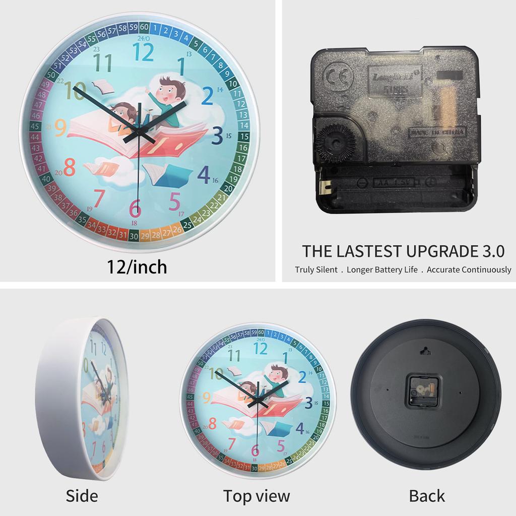 1pc 12-inch simple early learning wall clock, creative children's room non-ticking quiet silent clock, colored quartz clock for
