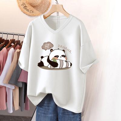 T-shirt a maniche corte, Ampia, Top V-neck stampato snellente per donna
