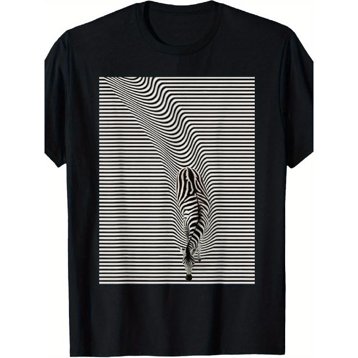 Men S & Women S Zebra Stripe Illusion T-Shirt - Cotton Black & White Optical Illusion Print with 3D Zebra Stripe Effect, Short Sleeve Round Neck S чёрный