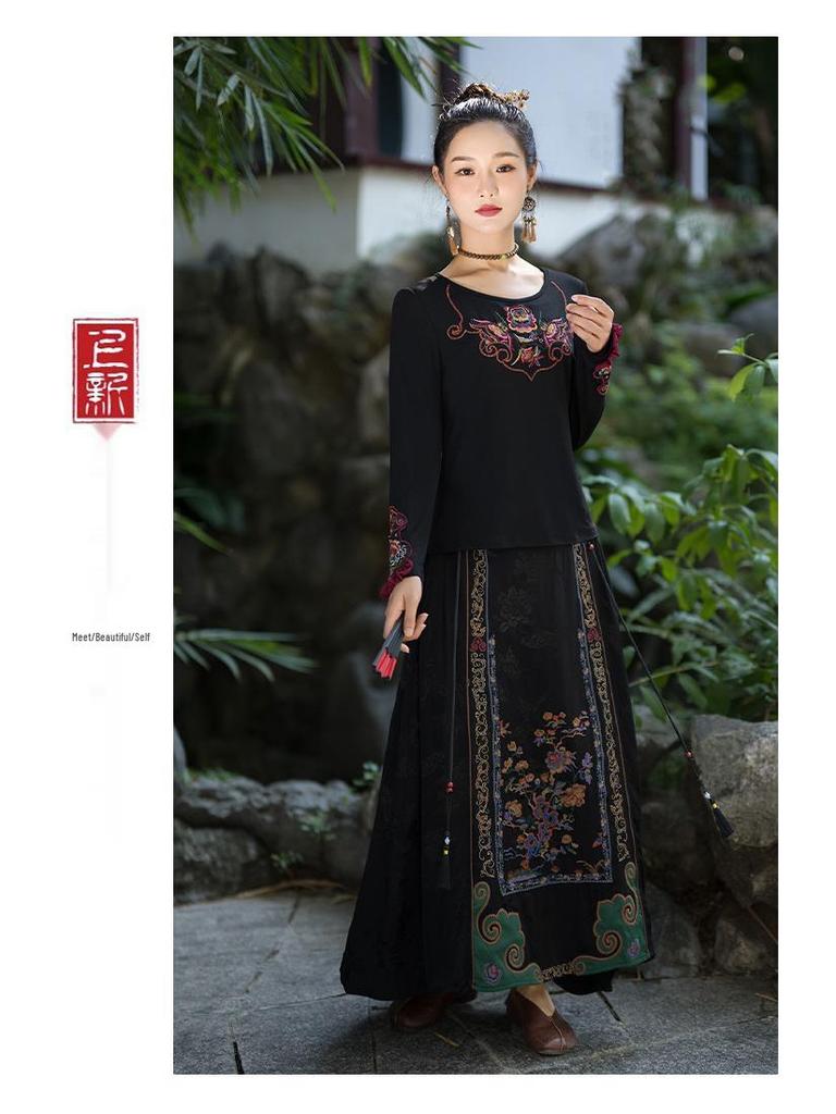 Women's Slimming Ethnic Embroidered Ruffle T-shirt