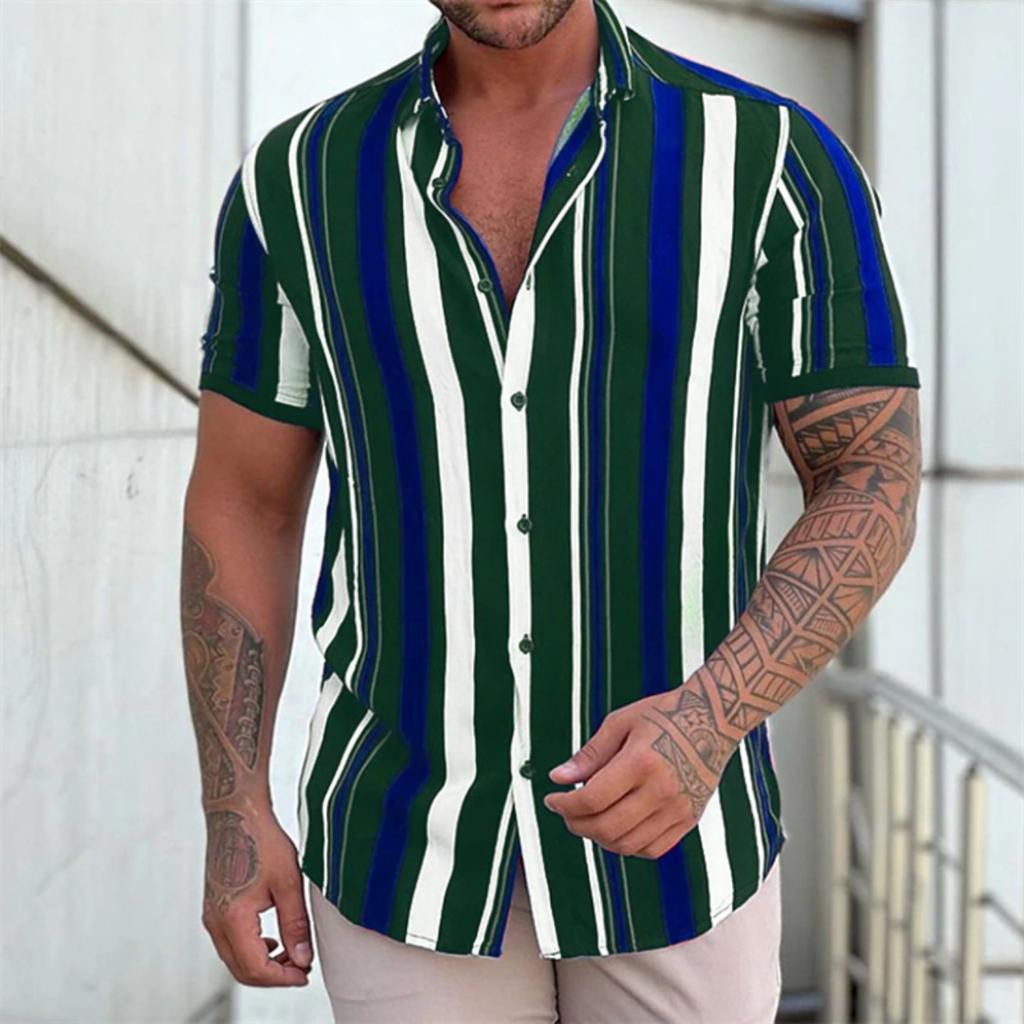 Men's Hawaiian Shirt 3D Stripe Print Short Sleeve Summer Loose Casual Large Size Simple Fashion Lapel Button Men's Tops