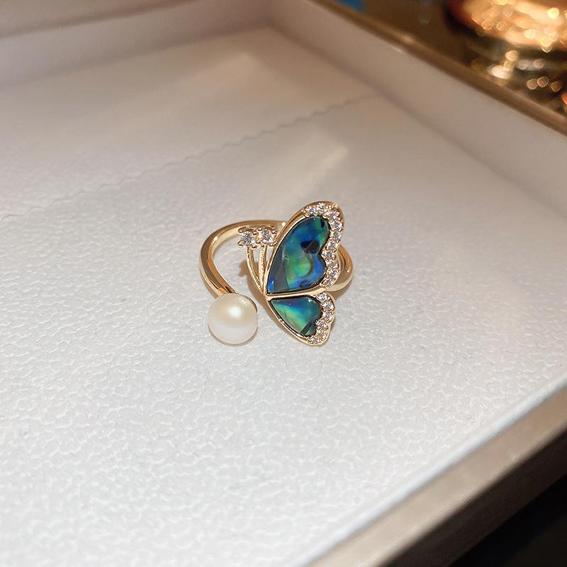 Открытое кольцо с цирконом, бабочкой, пресноводной жемчужиной, раковиной абалона, кольцо на указательный палец
