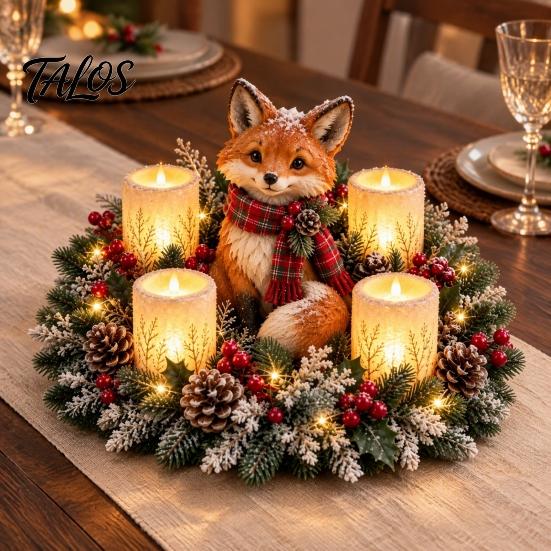 Holiday Resin Ornaments Lighted Highland Cow Christmas Table Centerpiece, Flickering LED Flameless Candles, Frosted Red Berry Seasonal Accents