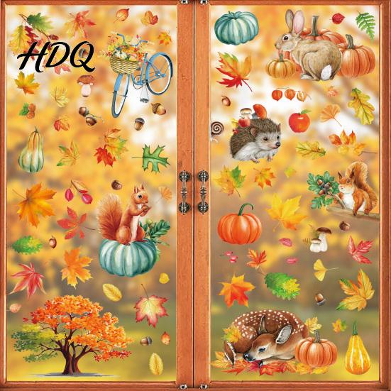 Autumn Atmosphere Window Stickers for Office 9PCS Forest Animal Clings Thanksgiving Maple Leaf Pumpkin Stickers Static Glass Decals Fall Decor