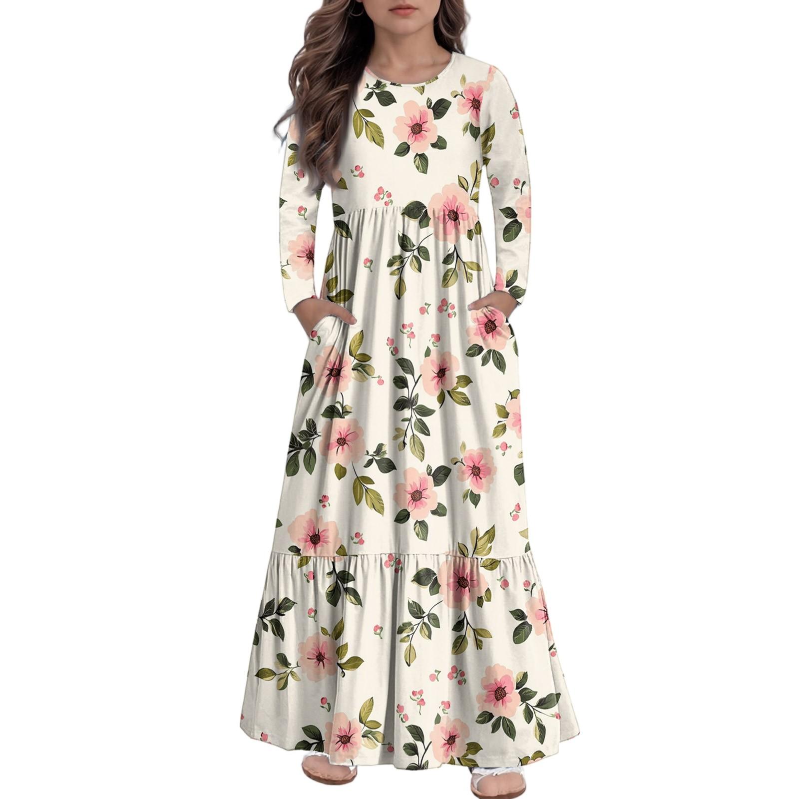 

Макси-платье для девочек, повседневные праздничные платья - платье с длинным рукавом и карманами для 4-14 лет 110 бежевый