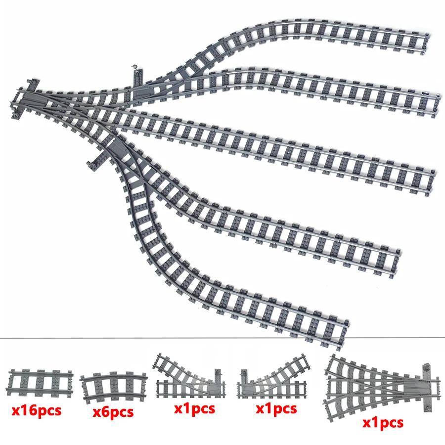 MOC Binari per Treni Città Incrocio Deviatoio Flessibile Biforcazione In Salita Rettilinei Curvi Mattoncini Ferrovie Giocattoli Creativi Fai da Te