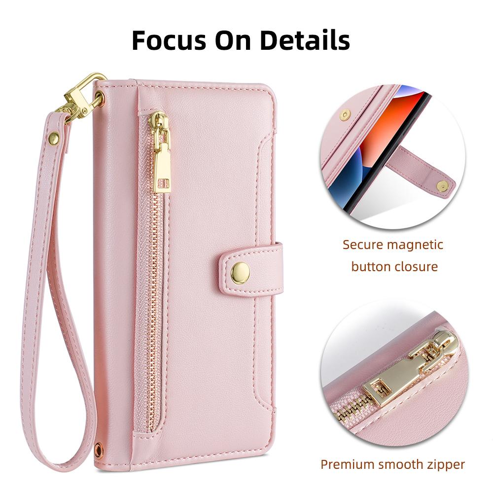 For Google Pixel 7 5G PU Leather Stand Case Zipper Pocket Phone Cover with Wrist Strap and Shoulder Strap