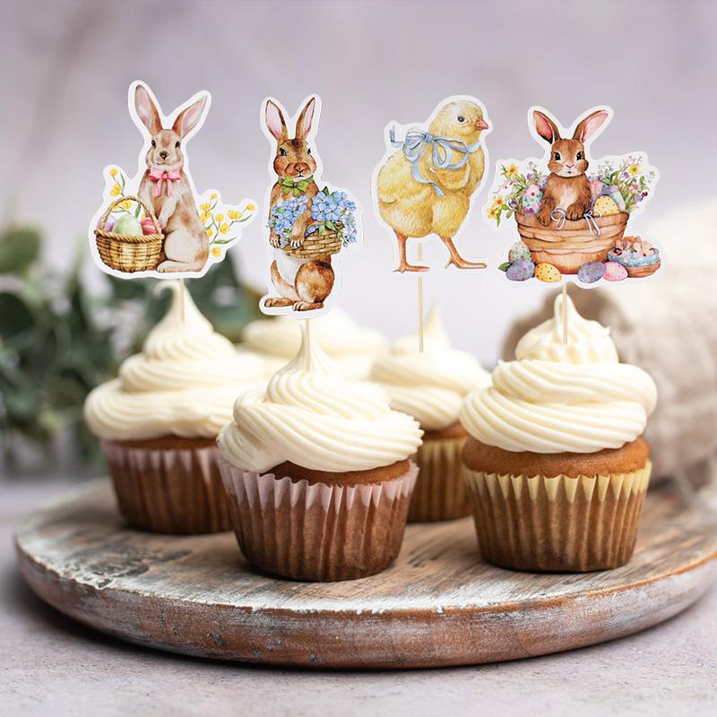 8/16pcs Easter Bunny Chick Cupcake Toppers Happy Easter Party Cake Dessert DIY Decoration Kids Birthday Party Favors Supplies