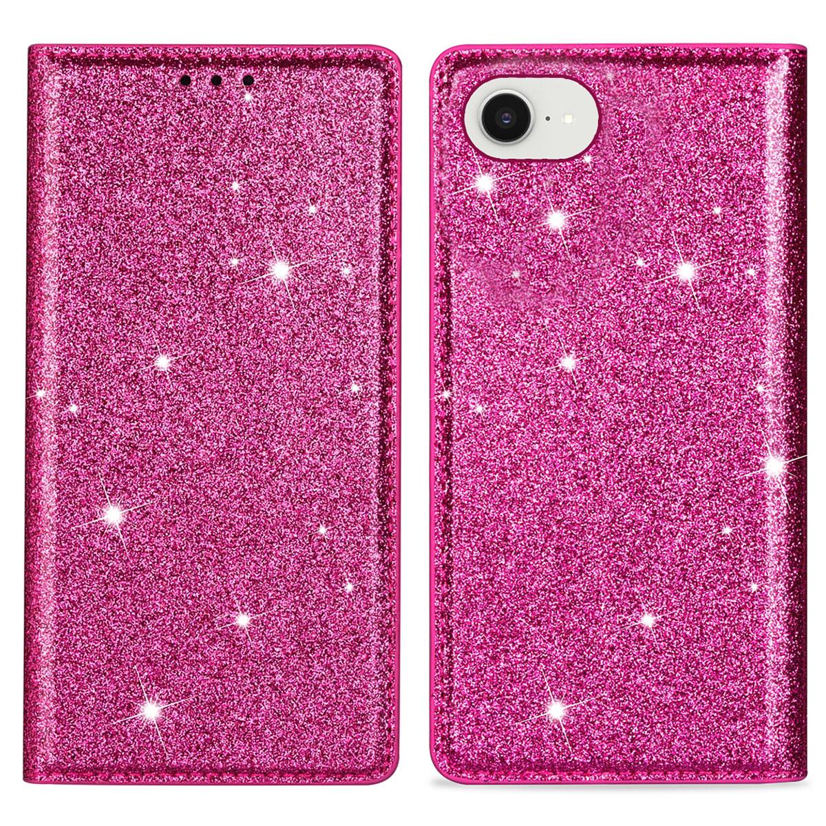 

For iPhone 16e Case Glittery PU Leather+TPU Card Slot Phone Cover Rose