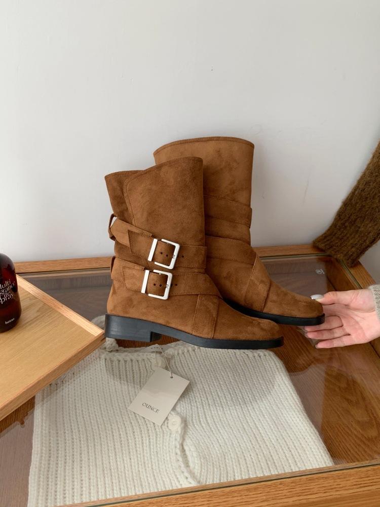 2025 New Fashionable Spice Girl Round Head Buckle Belt Outer Wear Medium Tube Roman Martin Boots Versatile Fashion Boots