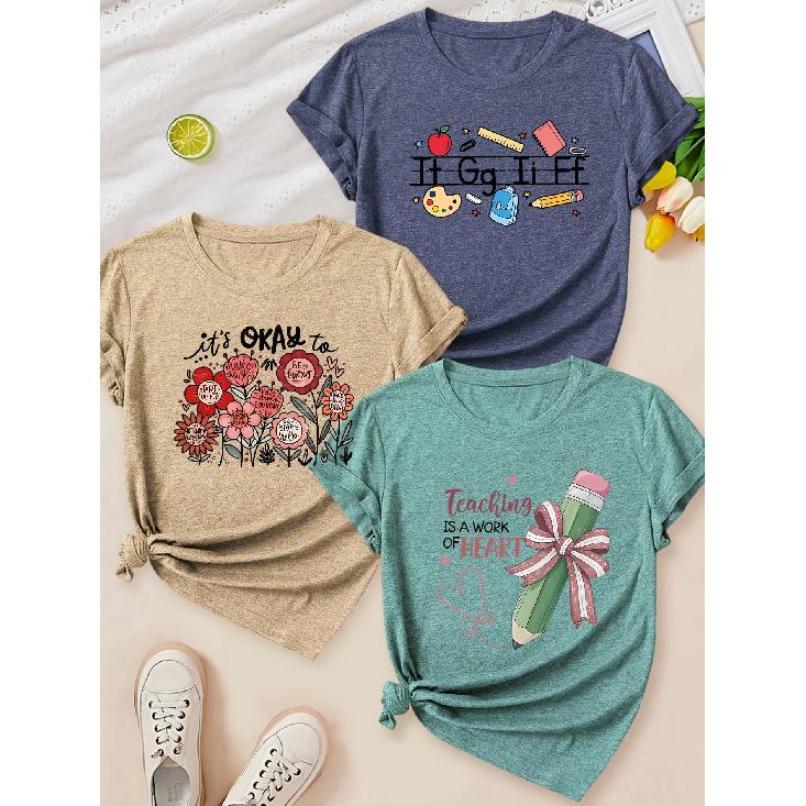 Elegant Women s Clothing Gift Teaching is a work of HEART Patterned Print Round Neck Spring, Summer, Autumn Set3Short-sleeved shirt T S